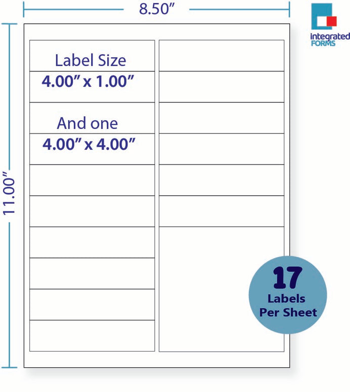8-1/2 x 11" White Laser Label, 17 Labels per Sheet Measuring 4" x 1" & one 4 x 4". SKU: 111W