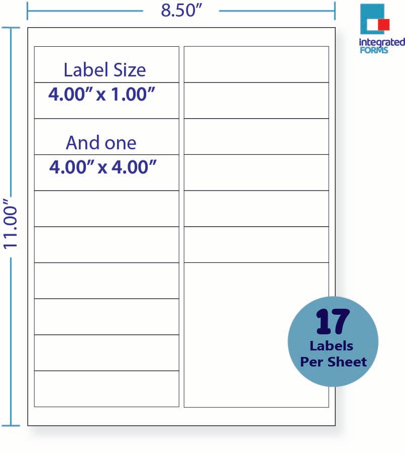 8-1/2 x 11" White Laser Label, 17 Labels per Sheet Measuring 4" x 1" & one 4 x 4". SKU: 111W