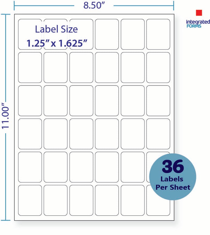 8-1/2 x 11" White Laser Label, 36 Labels per Sheet Measuring 1.25" x 1.625". SKU: 114W
