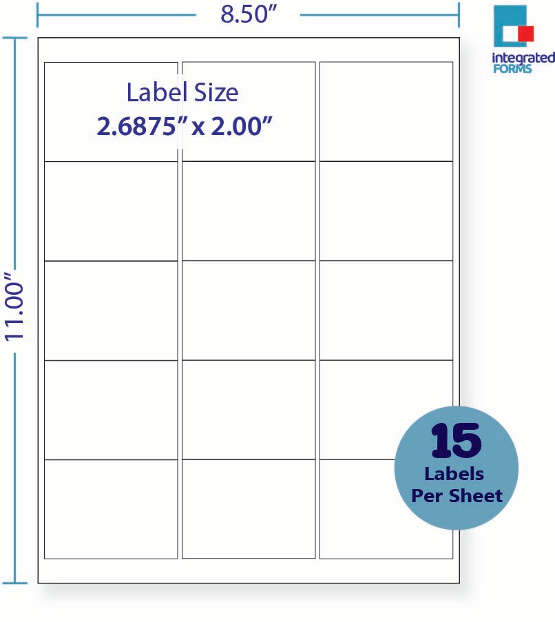 8-1/2 x 11" White Laser Label, 15 Labels per Sheet Measuring 2.6875" x 2". SKU: 116W
