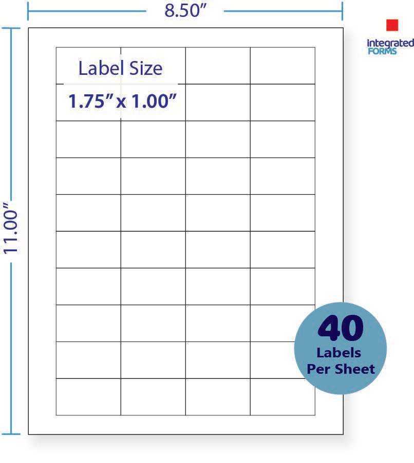 8-1/2 x 11" White Laser Label, 40 Labels per Sheet Measuring 1.75" x 1". SKU: 190W