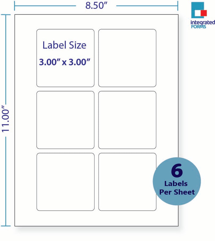 8-1/2 x 11" White Laser Label, 6 Labels per Sheet Measuring 3" x 3". SKU: 201W