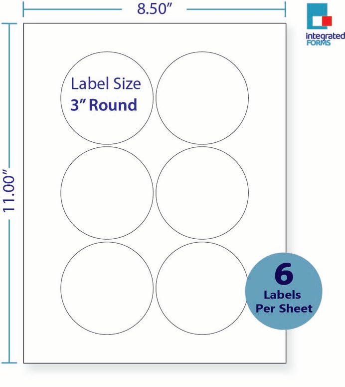 8-1/2 x 11" White Laser Label, 6 Round Labels per Sheet Measuring 3" Round. SKU: 213W