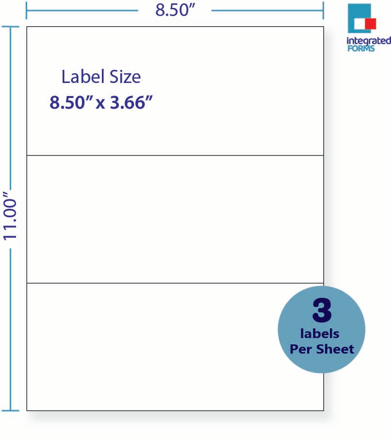 8-1/2 x 11" White Laser Label, 3 Labels per Sheet Measuring 8.5" x 3.66". SKU: 320W