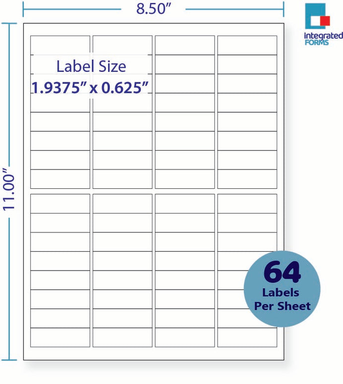 8-1/2 x 11" White Laser Label, 64 Labels per Sheet Measuring 1.9375" x .625". SKU: 42W