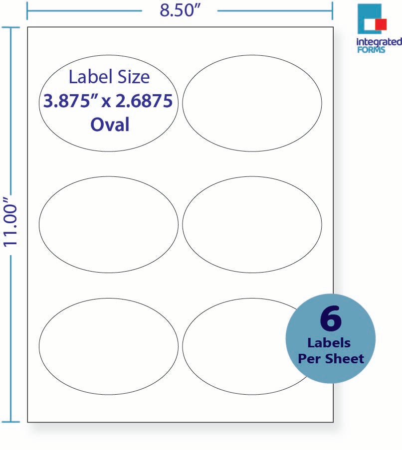 8-1/2 x 11" White Laser Label, 6 Oval Labels per Sheet Measuring 3.875" x 2.6875". SKU: 650W