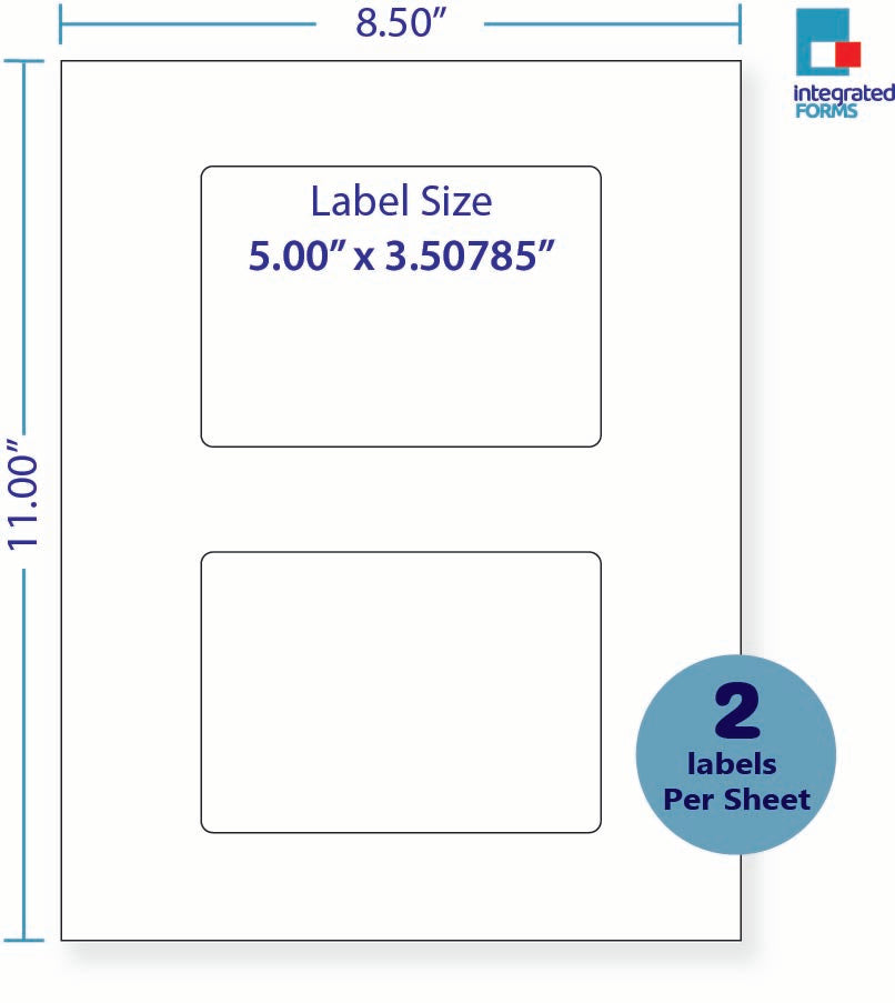 8-1/2 x 11" White Laser Label, 2 Labels per Sheet Measuring 5" x 3.50785". SKU: 73W