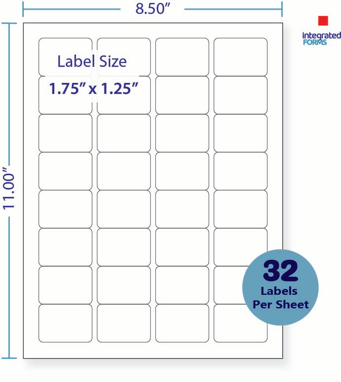 8-1/2 x 11" White Laser Label, 32 Labels per Sheet Measuring 1.75" x 1.25". SKU: 843W