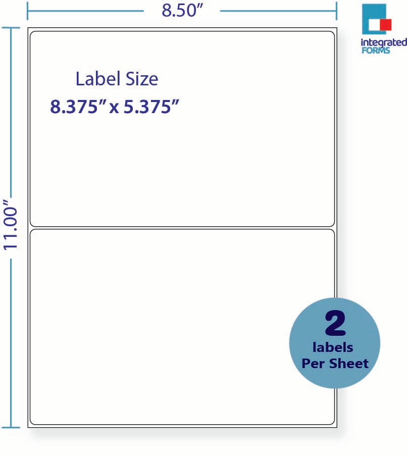 8-1/2 x 11" White Laser Label, 2 Labels per Sheet Measuring 8.375" x 5.375". SKU: 872W