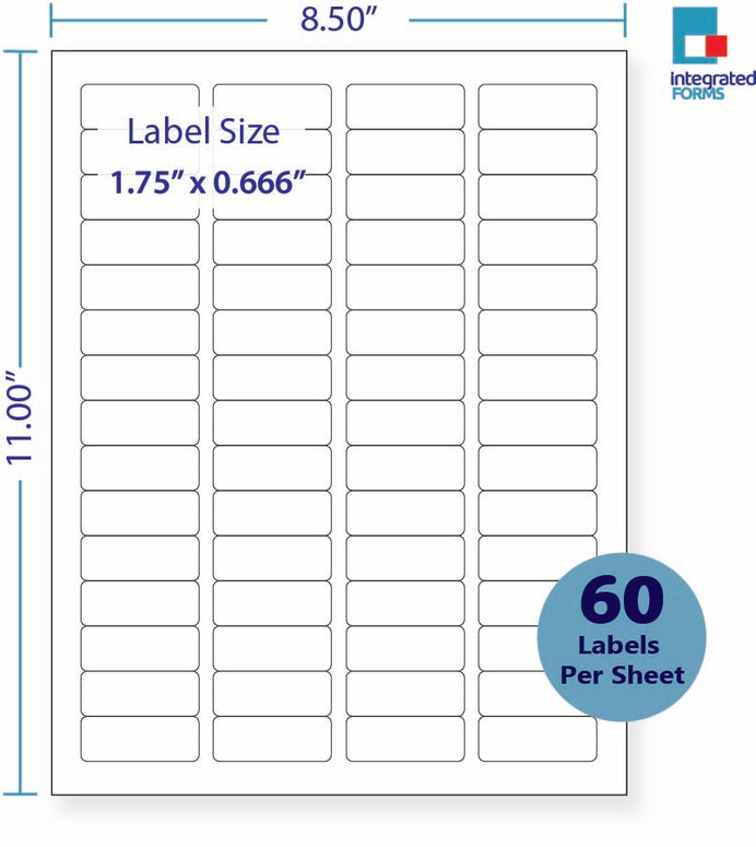 8-1/2 x 11" White Laser Label, 60 Labels per Sheet Measuring 1.75" x 0.666". SKU: 891W