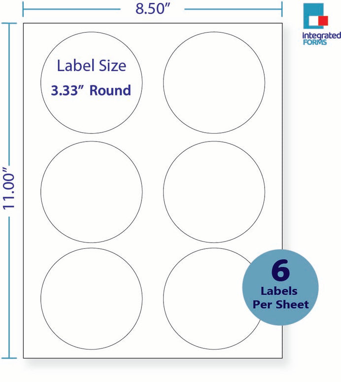 8-1/2 x 11" White Laser Label, 6 Round Labels per Sheet Measuring 3.33" Round. SKU: B145W