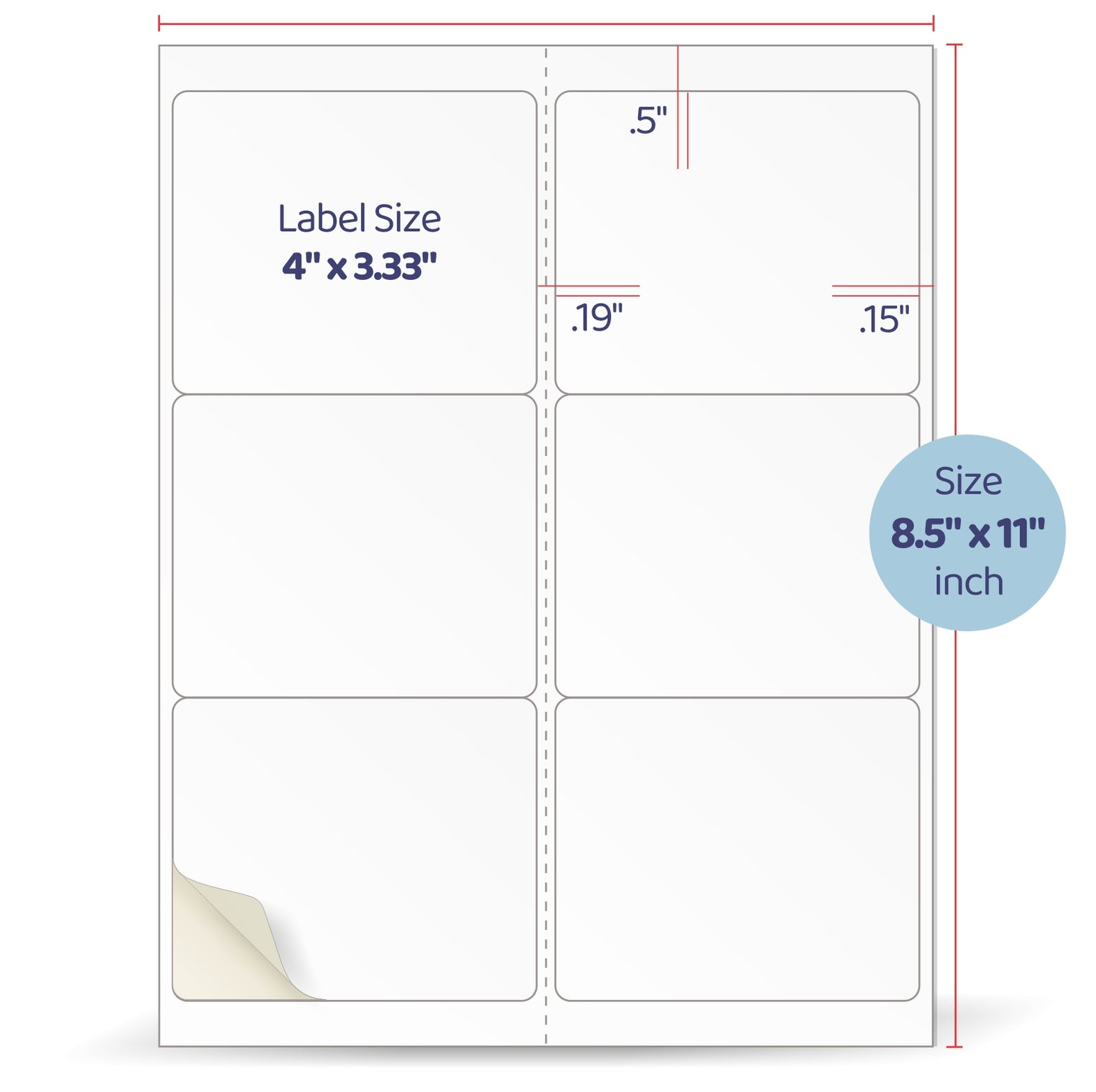 8-1/2 x 11" White Laser Label, 6 Labels per Sheet Measuring 4" x 3.33", Perfed. SKU: 95W