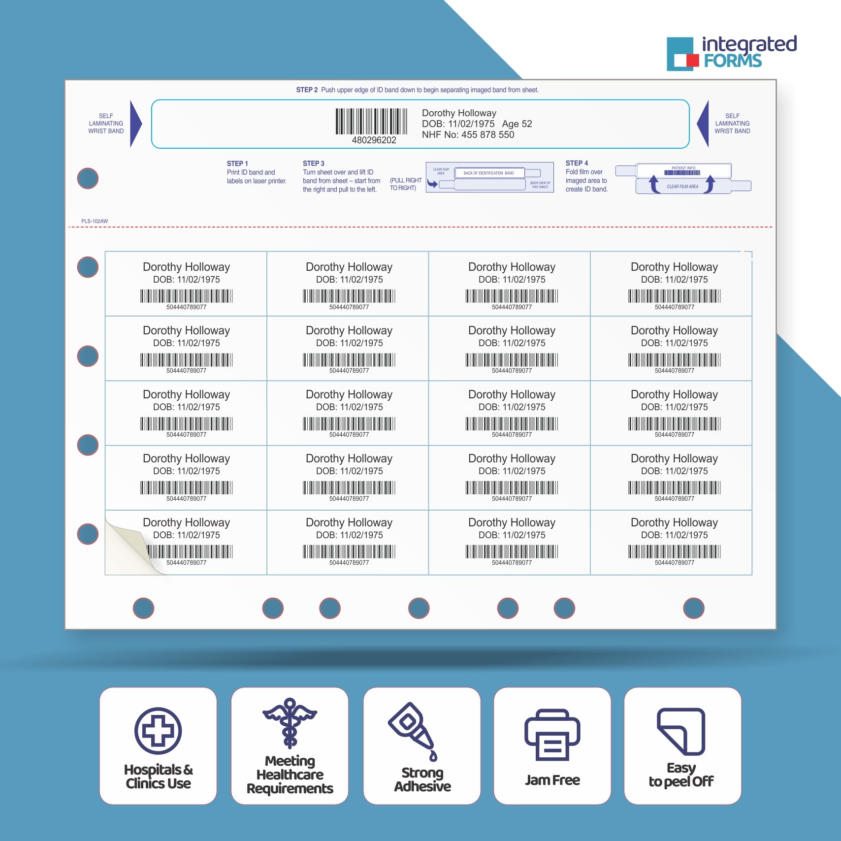 Self-Laminating Wristband & 20 Labels per Sheet, Measuring 2.5 x 1" & 5/7 Hole Punched. SKU: PLS-102AW