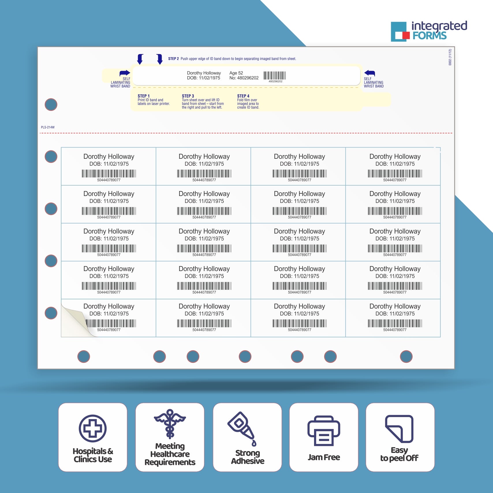 Self-Laminating Pediatric Wristband & 20 Labels per Sheet, Measuring 2.5 x 1" & 5/7 Hole Punched. SKU: PLS-214W