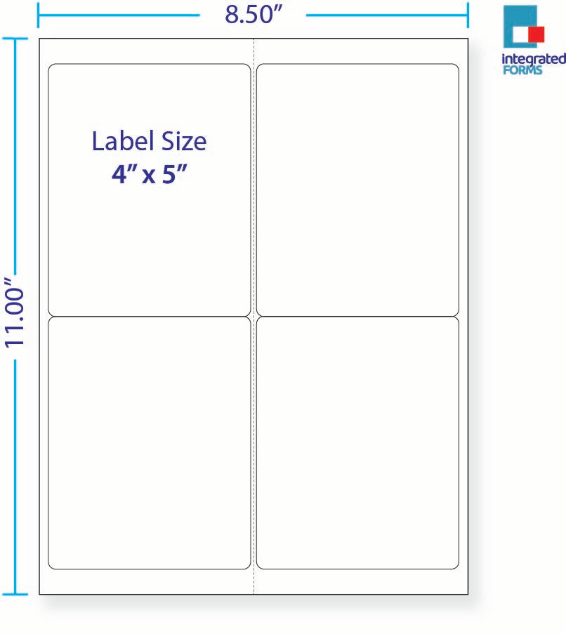 8-1/2 x 11" White Laser Label, 4 Labels per Sheet Measuring 4" x 5", Perfed. SKU: 10W