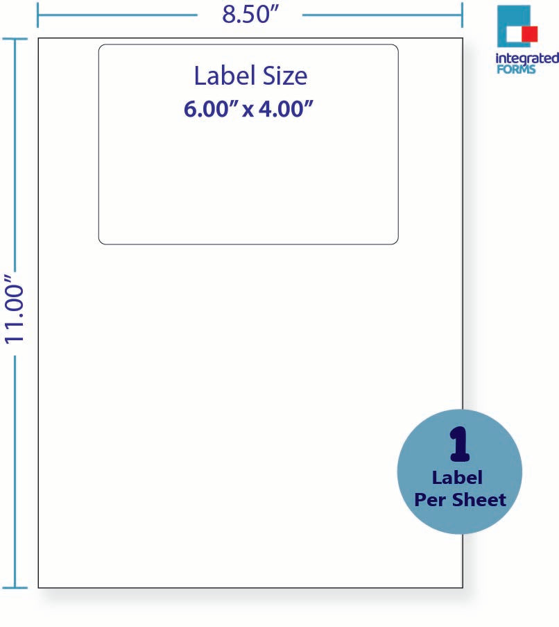 8-1/2 x 11" White Laser Label, 1 Label per Sheet on top, Measured 6 x 4". SKU: 110W