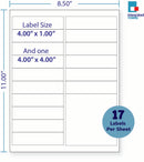 8-1/2 x 11" White Laser Label, 17 Labels per Sheet Measuring 4" x 1" & one 4 x 4". SKU: 111W