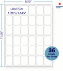 8-1/2 x 11" White Laser Label, 36 Labels per Sheet Measuring 1.25" x 1.625". SKU: 114W