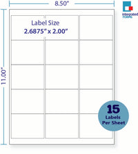 8-1/2 x 11" White Laser Label, 15 Labels per Sheet Measuring 2.6875" x 2". SKU: 116W