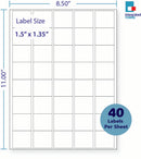 8-1/2 x 11" White Laser Label, 40 Labels per Sheet Measuring 1.5" x 1.35". SKU: 147W