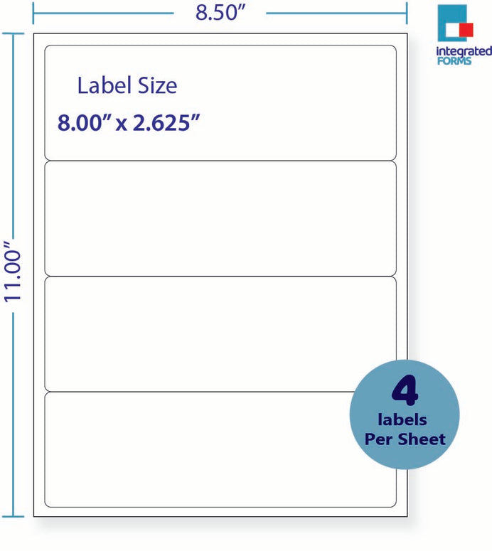 8-1/2 x 11" White Laser Label, 4 Labels per Sheet Measuring 8" x 2.625". SKU: 148W
