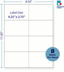 8-1/2 x 11" White Laser Label, 8 Labels per Sheet Measuring 4.25" x 2.75". SKU: 170W