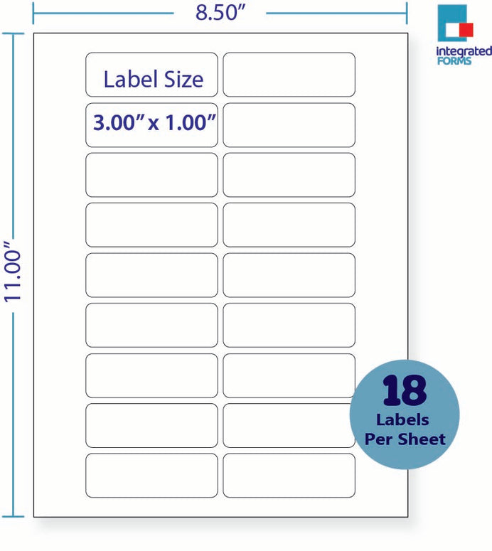 8-1/2 x 11" White Laser Label, 18 Labels per Sheet Measuring 3" x 1". SKU: 198W