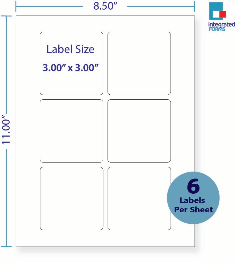 8-1/2 x 11" White Laser Label, 6 Labels per Sheet Measuring 3" x 3". SKU: 201W