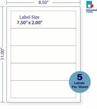 8-1/2 x 11" White Laser Label, 5 Horizontal Labels per Sheet Measuring 7.5" x 2". SKU: 207W