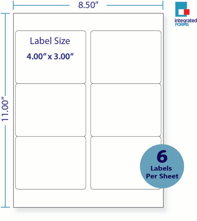 8-1/2 x 11" White Laser Label, 6 Labels per Sheet Measuring 4" x 3". SKU: 210W