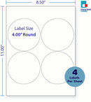 8-1/2 x 11" White Laser Label, 4 Round Labels per Sheet Measuring 4" Round. SKU: 214W