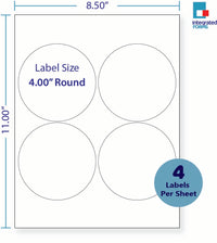 8-1/2 x 11" White Laser Label, 4 Round Labels per Sheet Measuring 4" Round. SKU: 214W