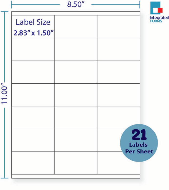 8-1/2 x 11" White Laser Label, 21 Labels per Sheet Measuring 2.83" x 1.5". SKU: 325W