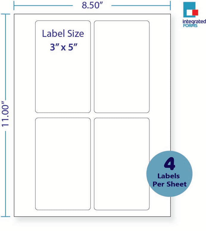 8-1/2 x 11" White Laser Label, 4 Labels per Sheet Measuring 3" x 5". SKU: 415W