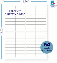 8-1/2 x 11" White Laser Label, 64 Labels per Sheet Measuring 1.9375" x .625". SKU: 42W