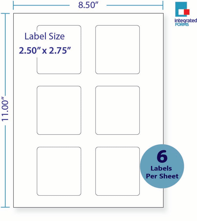 8-1/2 x 11" White Laser Label, 6 Labels per Sheet Measuring 2.5" x 2.75". SKU: 465W