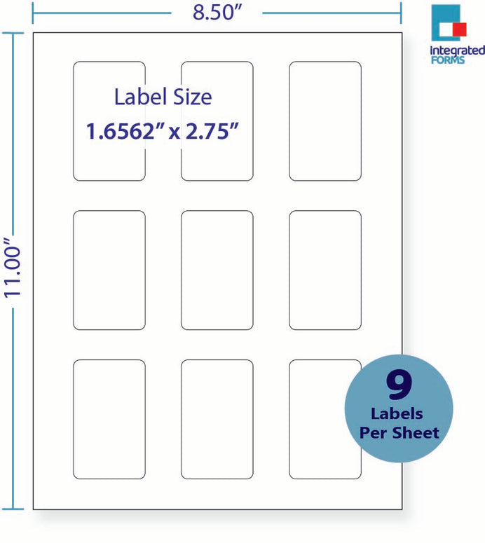 8-1/2 x 11" White Laser Label, 9 Labels per Sheet Measuring 1.6562" x 2.75". SKU: 475W