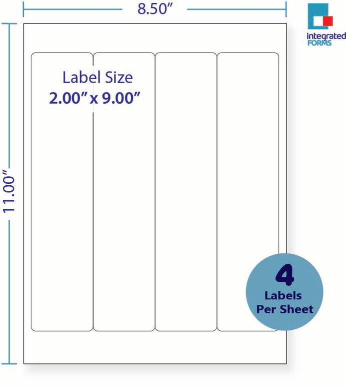 8-1/2 x 11" White Laser Label, 4 Vertical Labels per Sheet Measuring 2" x 9". SKU: 615W