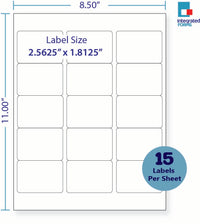 8-1/2 x 11" White Laser Label, 15 Labels per Sheet Measuring 2.5625" x 1.8125". SKU: 625W