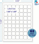 8-1/2 x 11" White Laser Label, 63 Labels per Sheet Measuring 1" x 1". SKU: 630W