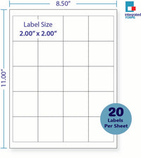 8-1/2 x 11" White Laser Label, 20 Labels per Sheet Measuring 2" x 2". SKU: 695W