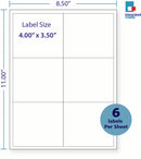 8-1/2 x 11" White Laser Label, 6 Labels per Sheet Measuring 4" x 3.5". SKU: 705W
