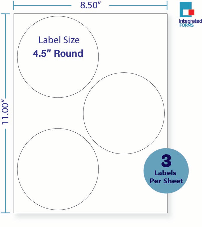 8-1/2 x 11" White Laser Label, 3 Round Labels per Sheet Measuring 4.5" Round. SKU: 715W