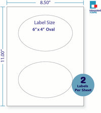 8-1/2 x 11" White Laser Label, 2 Oval Labels per Sheet Measuring 6" x 4". SKU: 720W