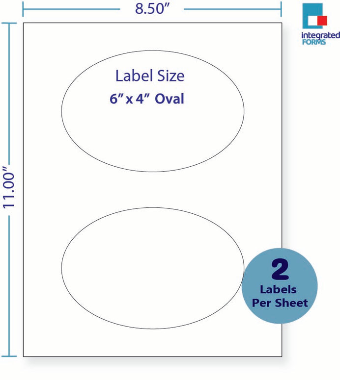 8-1/2 x 11" White Laser Label, 2 Oval Labels per Sheet Measuring 6" x 4". SKU: 720W