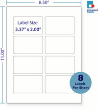 8-1/2 x 11" White Laser Label, 8 Labels per Sheet Measuring 3.37" x 2". SKU: 730W