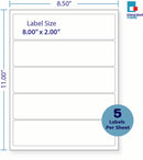 8-1/2 x 11" White Laser Label, 5  Horizontal Labels per Sheet Measuring 8" x 2". SKU: 735W