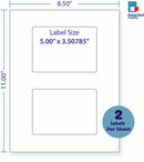 8-1/2 x 11" White Laser Label, 2 Labels per Sheet Measuring 5" x 3.50785". SKU: 73W