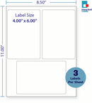 8-1/2 x 11" White Laser Label, 3 Labels per Sheet Measuring 4" x 6". SKU: 750W