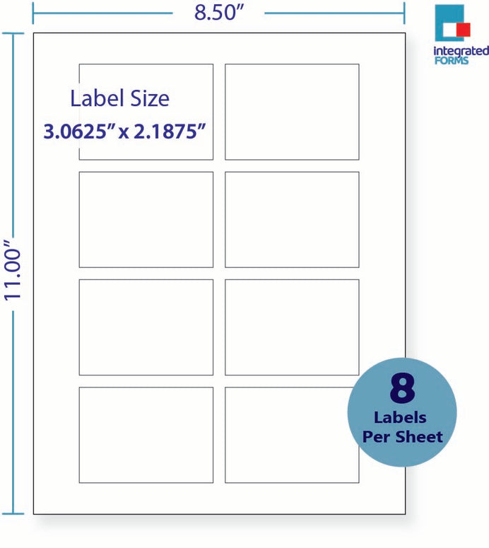 8-1/2 x 11" White Laser Label, 8 Labels per Sheet Measuring 3.0625" x 2.1875". SKU: 755W